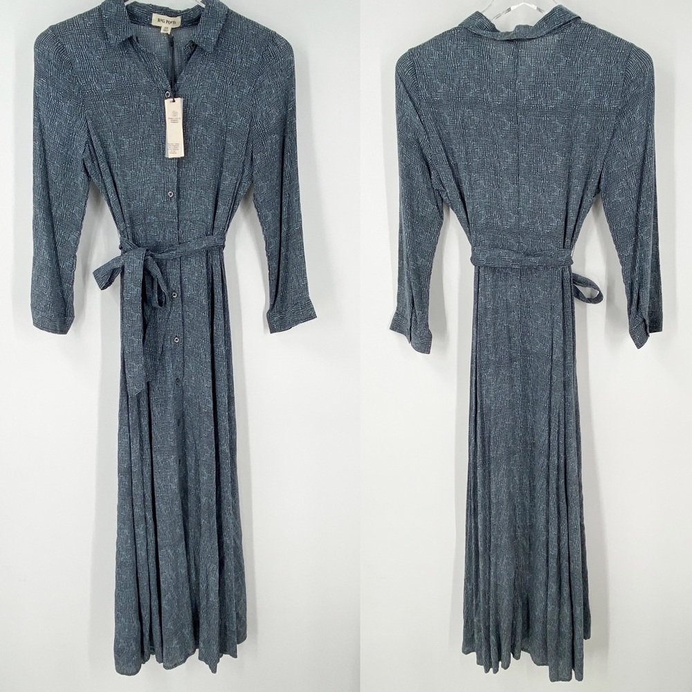 NWT Rag Poets Dress Blue Print Collar Tie Waist Womens XS Button Front